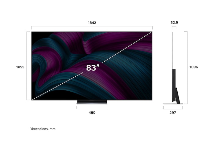 Frontansicht und Seitenansicht des LG OLED evo AI C5 4K Smart TV mit den Abmessungen der Länge, Breite, Höhe und Tiefe.