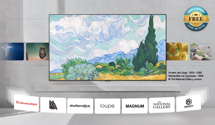 Ein an der Wand befestigter LG TV mit einer Vielzahl an Inhalten, die den Bildschirm durchlaufen, von klassischer Kunst zu moderner Kunst, 3D und mehr. Logos von Content-Partnern ebenfalls abgebildet. Zeichen in der Ecke sagt „Kostenlose Inhalte, einen Monat“.