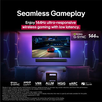 LG OLED M5 TV with a game being played on its screen showcasing the smooth and seamless gameplay. Zero Connect Box is seen, but blends well with the space. Gaming certifications are visible. Text talks about 120Hz ultra-responsive wireless gaming with low latency.