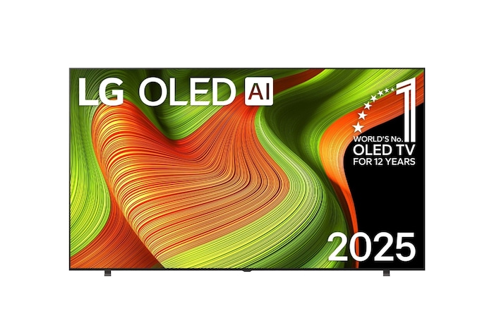 Front view of LG OLED AI B5 4K Smart TV. 12 Years of world number 1 OLED emblem and LG OLED AI 2025 logo are on the screen.