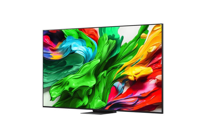 Leicht geneigte, nach rechts gerichtete Seitenansicht des LG QNED evo QNED85 TV