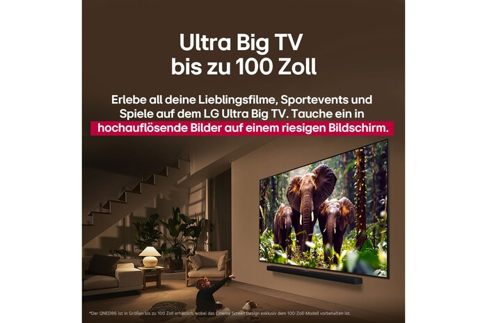Ein Mädchen und ein Hund sitzen vor einem LG QNED TV, der an einer Wand montiert ist und drei Elefanten zeigt, die über einer LG Soundbar nach außen laufen. Der Titel spricht davon, dass jede Aktion auf einer großen Leinwand noch spannender ist.
