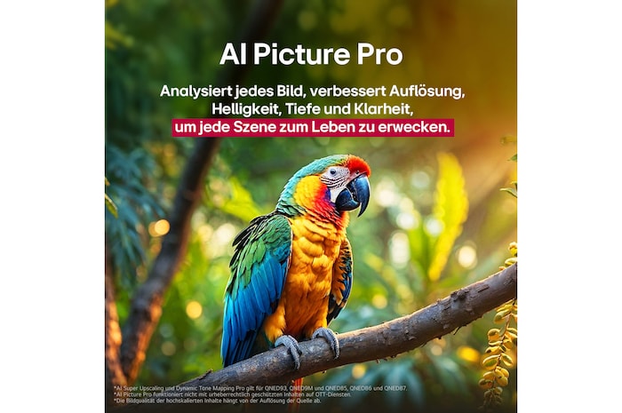 Papagei auf einem Baumzweig in lebendiger Farbe. Der Titel beschreibt, wie LG Al Picture Pro die Auflösung, Helligkeit, Tiefe und Klarheit der Szene auf beeindruckende Weise verbessert hat.