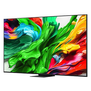 Leicht geneigte, nach rechts gerichtete Seitenansicht des LG QNED evo QNED85 TV