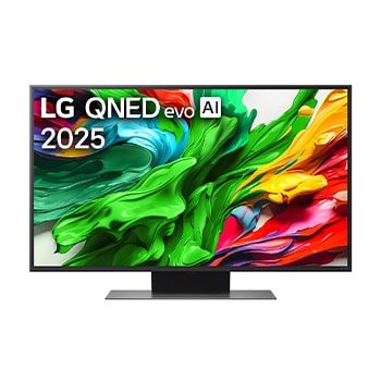 Front view of LG QNED evo QNED85 TV, LG QNED evo Al Logo on the top corner. LG QNED evo QNED85 TV depicts colorful paintike textures coming together.