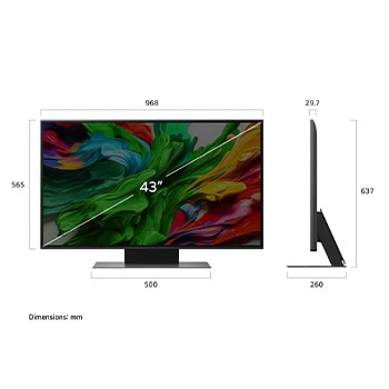 Front view and side view of LG QNED evo AI QNED85 4K Smart TV showing its length, width, height, and depth dimensions.