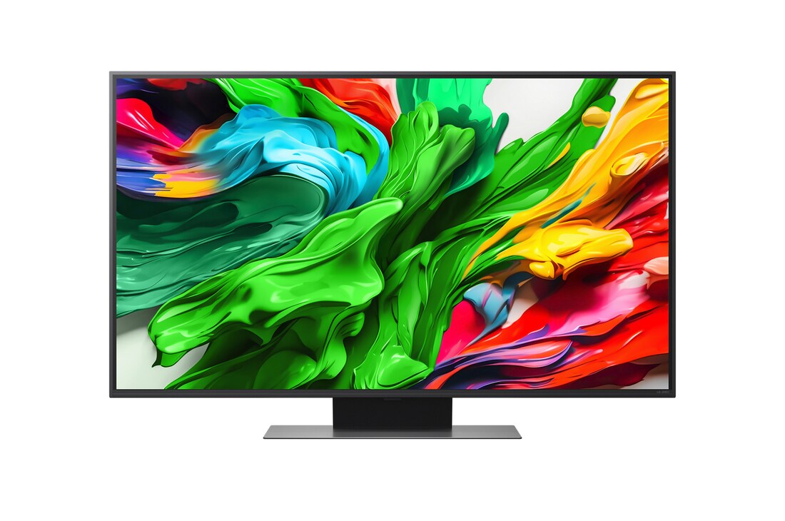 Front view of LG QNED evo QNED85 TV, LG QNED evo Al Logo on the top corner. LG QNED evo QNED85 TV depicts colorful paintike textures coming together.