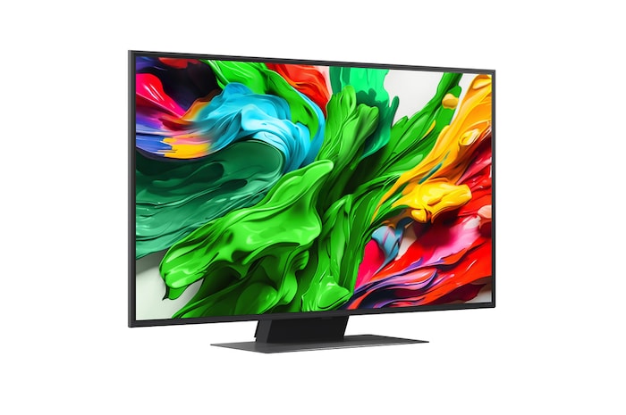 Slightly-angled right-facing side view of LG QNED evo QNED85 TV