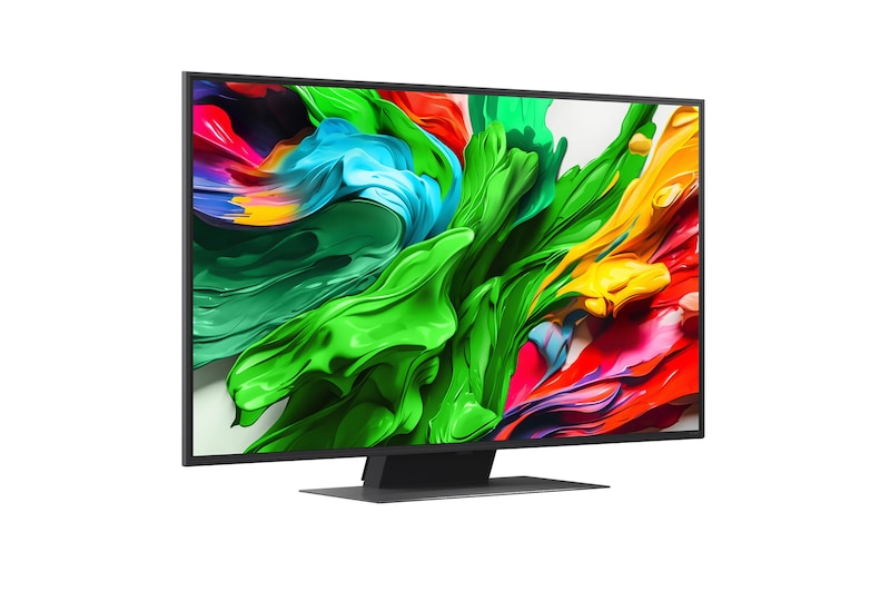 Slightly-angled right-facing side view of LG QNED evo QNED85 TV