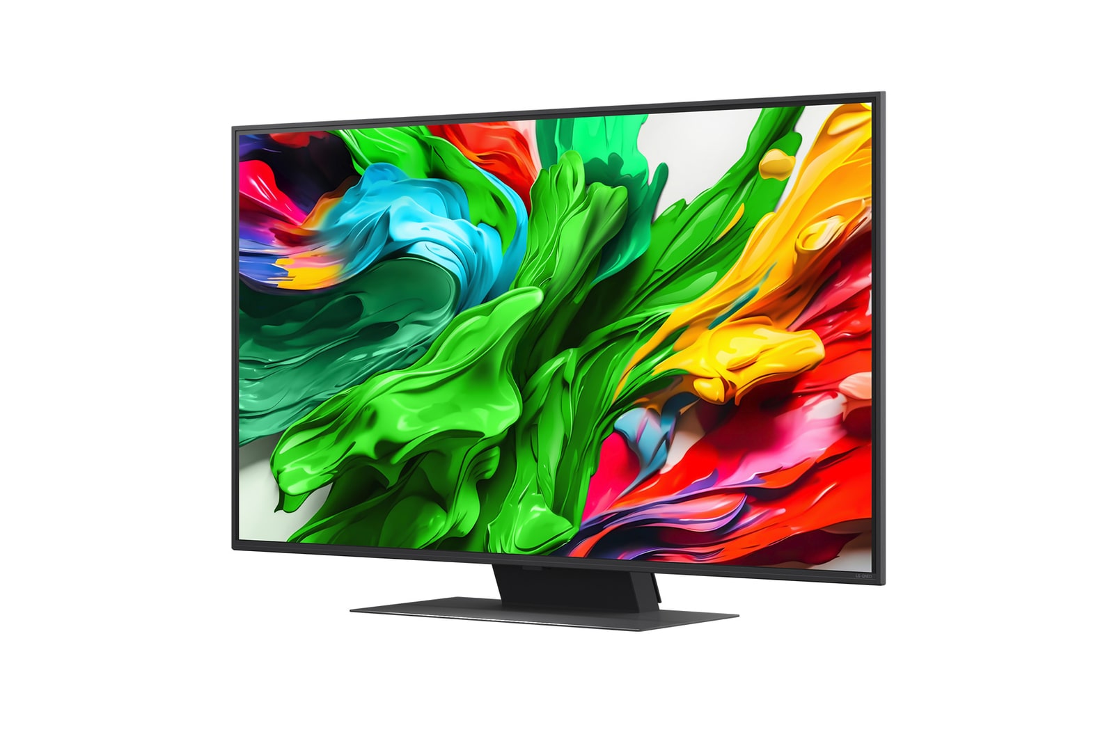 Front view and side view of LG QNED evo AI QNED85 4K Smart TV showing its length, width, height, and depth dimensions.