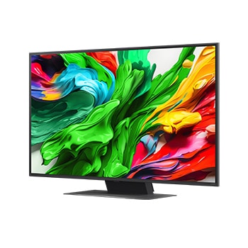 Front view and side view of LG QNED evo AI QNED85 4K Smart TV showing its length, width, height, and depth dimensions.