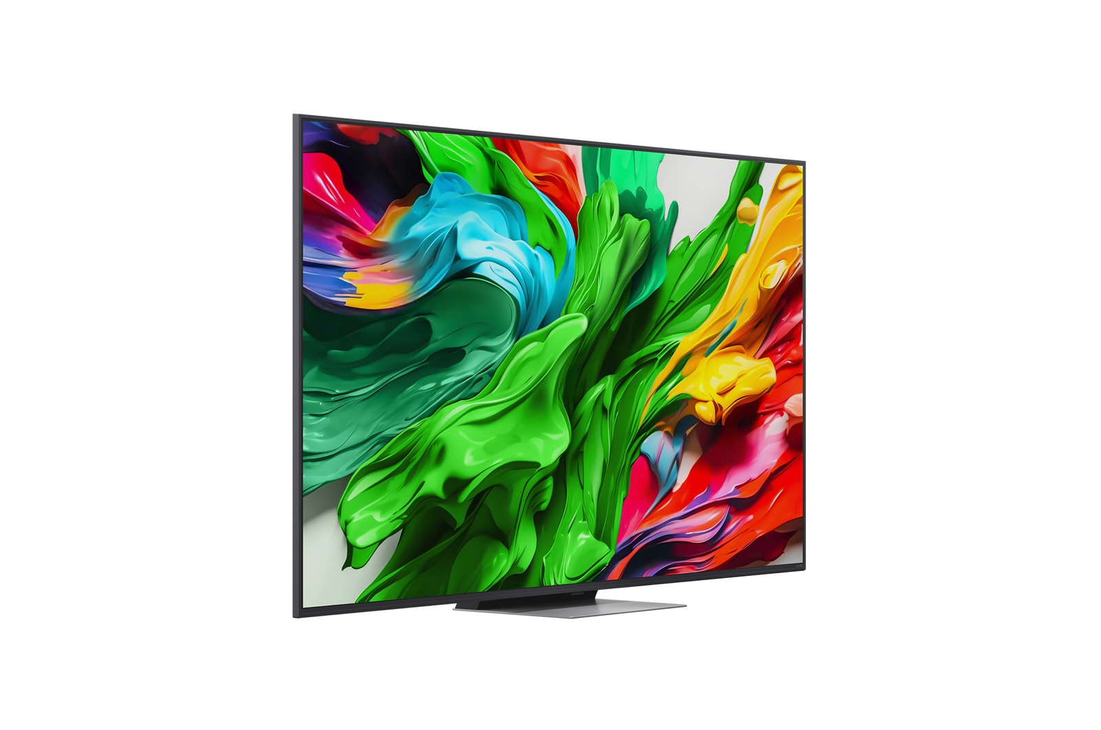 Frontansicht und Seitenansicht des LG QNED evo AI QNED85 4K Smart TV mit den Abmessungen Länge, Breite, Höhe und Tiefe.