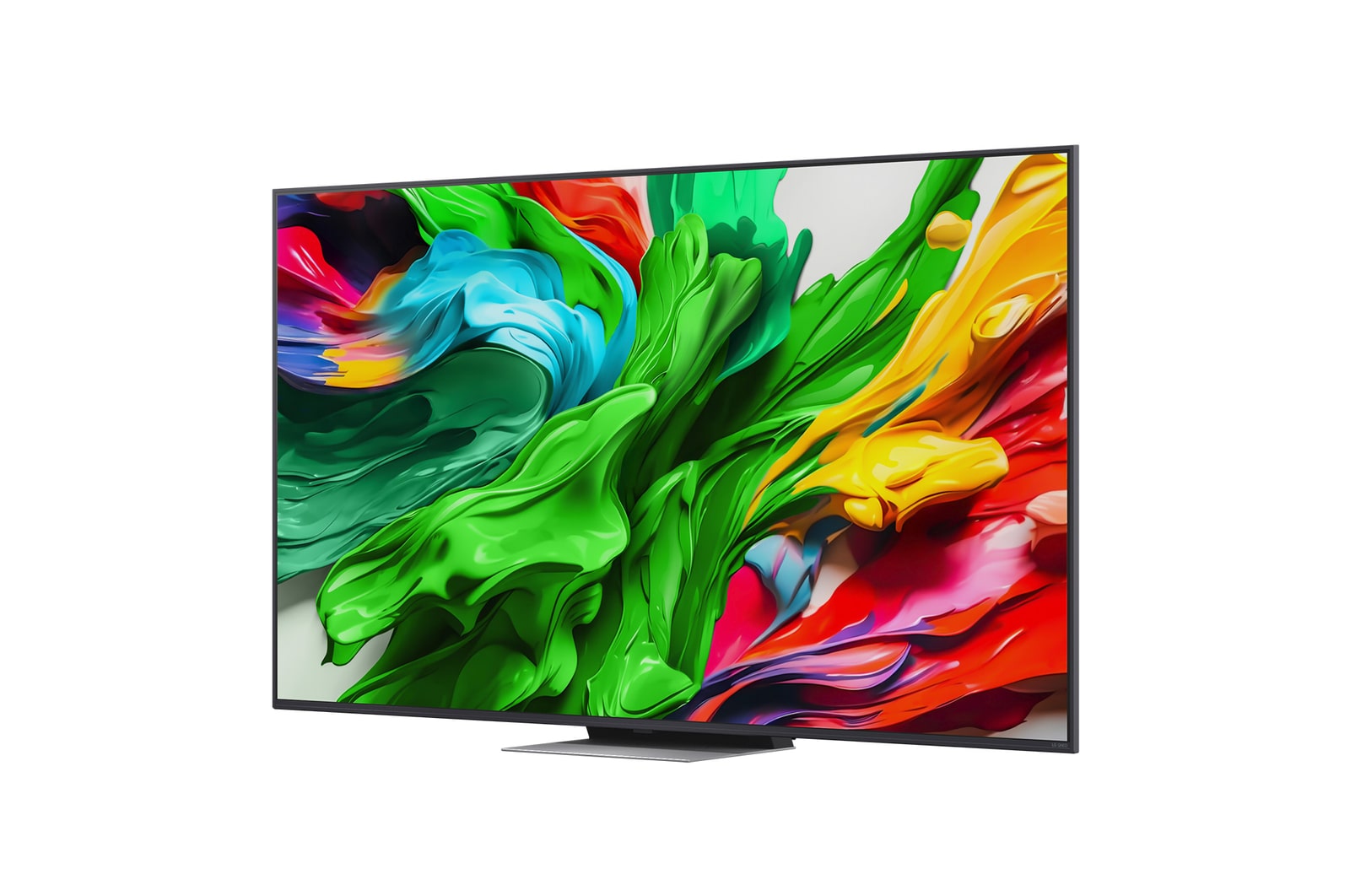 Leicht geneigte, nach rechts gerichtete Seitenansicht des LG QNED evo QNED85 TV
