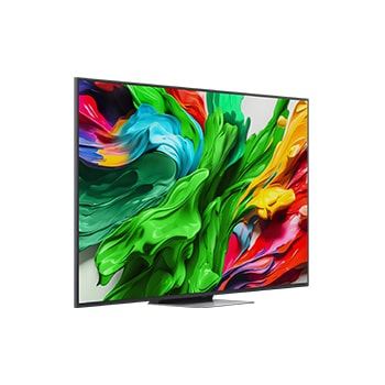 Frontansicht und Seitenansicht des LG QNED evo AI QNED85 4K Smart TV mit den Abmessungen Länge, Breite, Höhe und Tiefe.