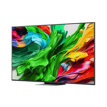 Leicht geneigte, nach rechts gerichtete Seitenansicht des LG QNED evo QNED85 TV