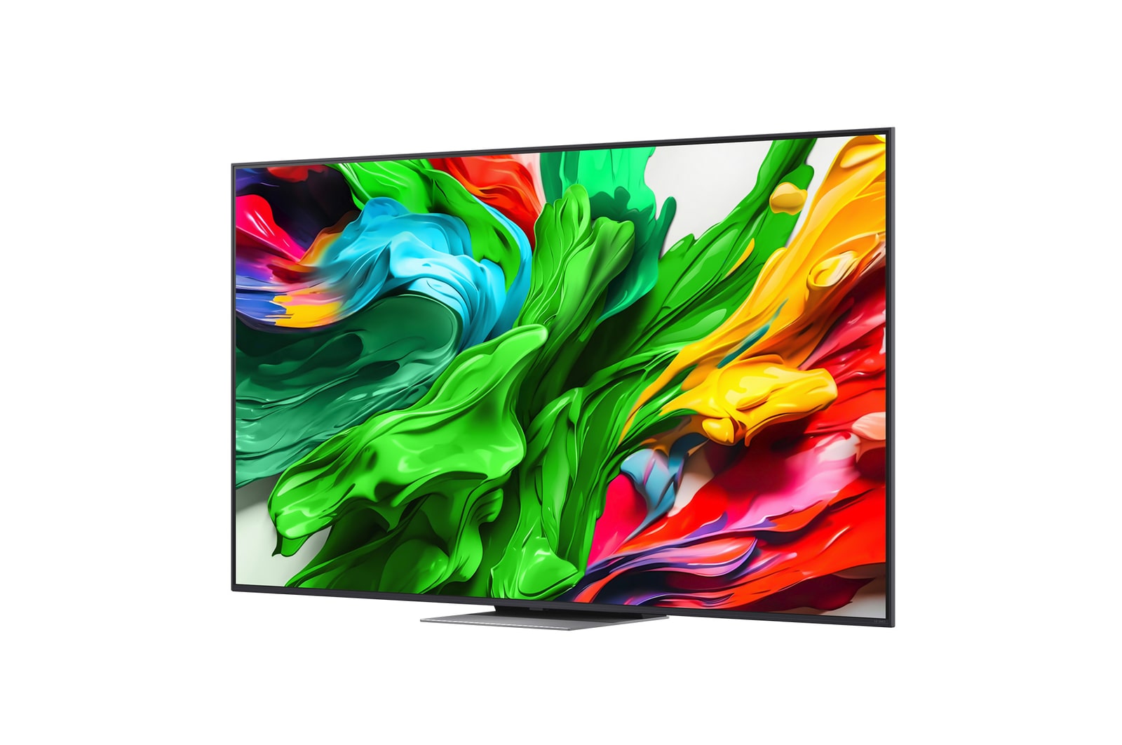 Front view and side view of LG QNED evo AI QNED85 4K Smart TV showing its length, width, height, and depth dimensions.