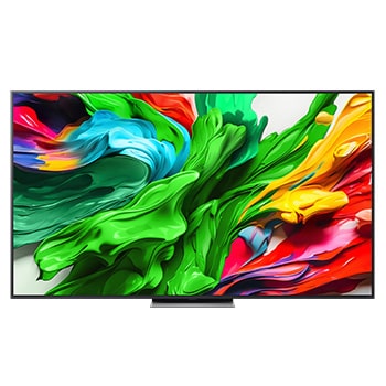 Front view of LG QNED evo QNED85 TV, LG QNED evo Al Logo on the top corner. LG QNED evo QNED85 TV depicts colorful paintike textures coming together.