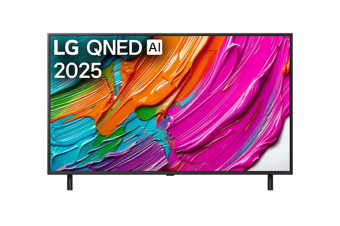 Frontansicht des LG QNED80 TV, LG QNED Al Logo in der oberen Ecke. LG QNED TV zeigt farbenfrohe, malerische Texturen, die zusammenkommen.