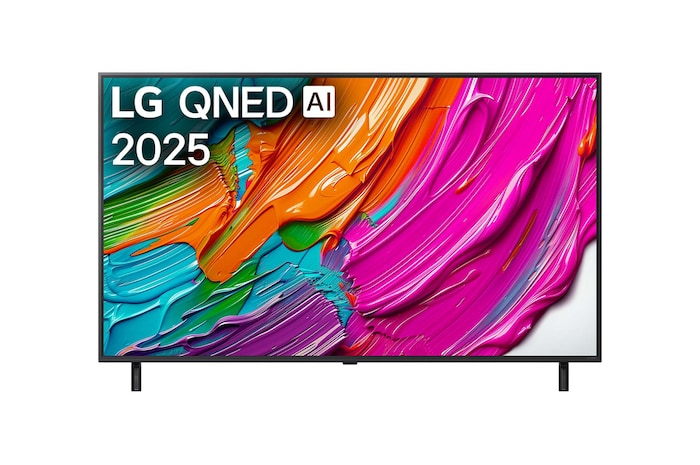 Frontansicht des LG QNED80 TV, LG QNED Al Logo in der oberen Ecke. LG QNED TV zeigt farbenfrohe, malerische Texturen, die zusammenkommen.