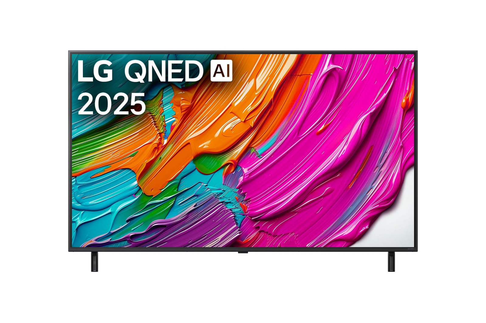 Frontansicht des LG QNED80 TV, LG QNED Al Logo in der oberen Ecke. LG QNED TV zeigt farbenfrohe, malerische Texturen, die zusammenkommen.