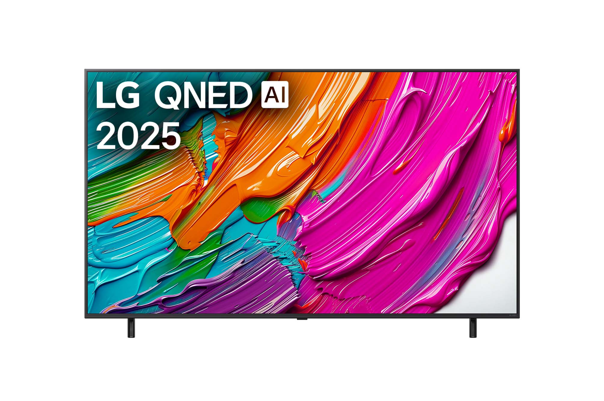 Frontansicht des LG QNED80 TV, LG QNED Al Logo in der oberen Ecke. LG QNED TV zeigt farbenfrohe, malerische Texturen, die zusammenkommen.