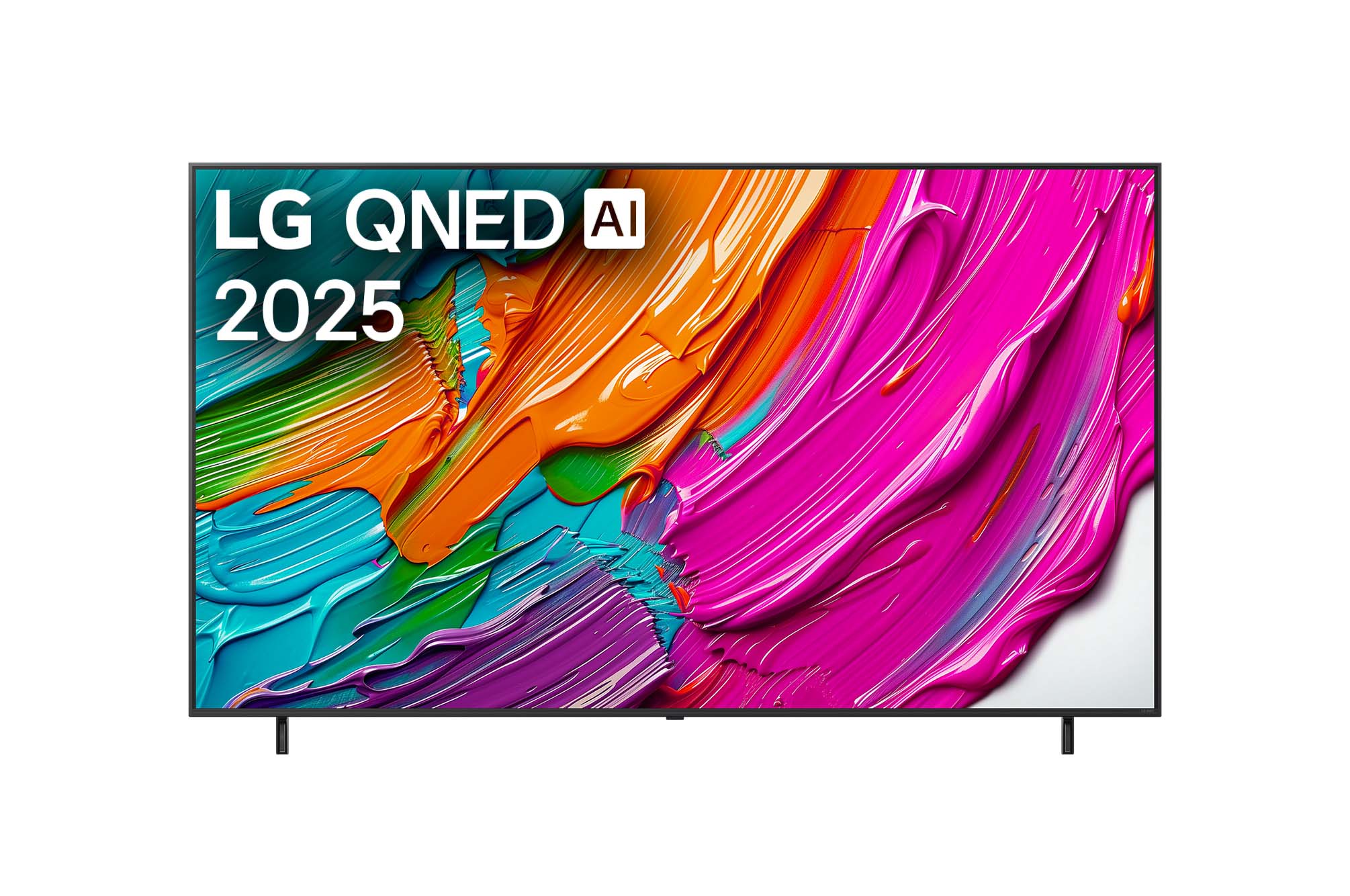 Frontansicht des LG QNED80 TV, LG QNED Al Logo in der oberen Ecke. LG QNED TV zeigt farbenfrohe, malerische Texturen, die zusammenkommen.