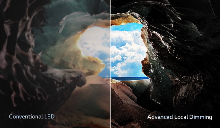 Perspektive aus dem Inneren einer Höhle mit Blick auf den Höhleneingang, wo ein blauer Himmel und der Horizont zu sehen sind. Die gesamte Szene ist in zwei Hälften geteilt, um die Möglichkeiten von QNEDs Erweitertem Lokalen Dimmen zu zeigen. Auf der einen Seite sind die Farben und Details verwaschen und das Bild wirkt matschig. Auf dem Etikett steht: Konventionelle LED. Die andere Seite hat einen tollen Schwarzwert, einen besseren Kontrast, eine höhere Helligkeit und bessere Farben. Auf dem Etikett steht „Erweitertes Lokales Dimmen“. 