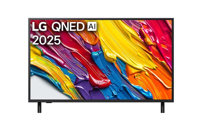 Frontansicht des LG QNED82 TV, LG QNED Al Logo in der oberen Ecke. LG QNED TV zeigt farbenfrohe, malerische Texturen, die zusammenkommen.