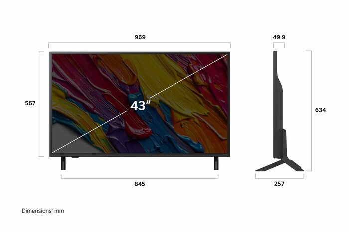 Frontansicht und Seitenansicht des LG QNED82 AI 4K Smart TV mit den Abmessungen Länge, Breite, Höhe und Tiefe.