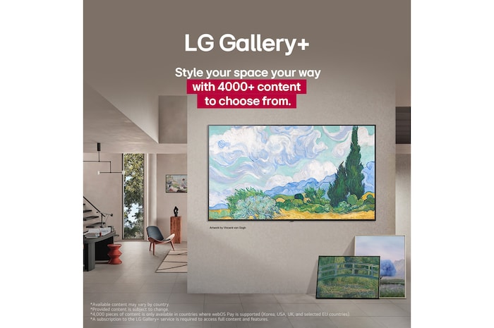 Innenansicht eines eleganten Hauses. Es werden viele verschiedene Kunstwerke angezeigt. An der Mittelwand befindet sich ein LG TV mit Kunstwerken auf dem Bildschirm. Der Fernseher sieht aus wie ein Gemälde aus einem Museum.
