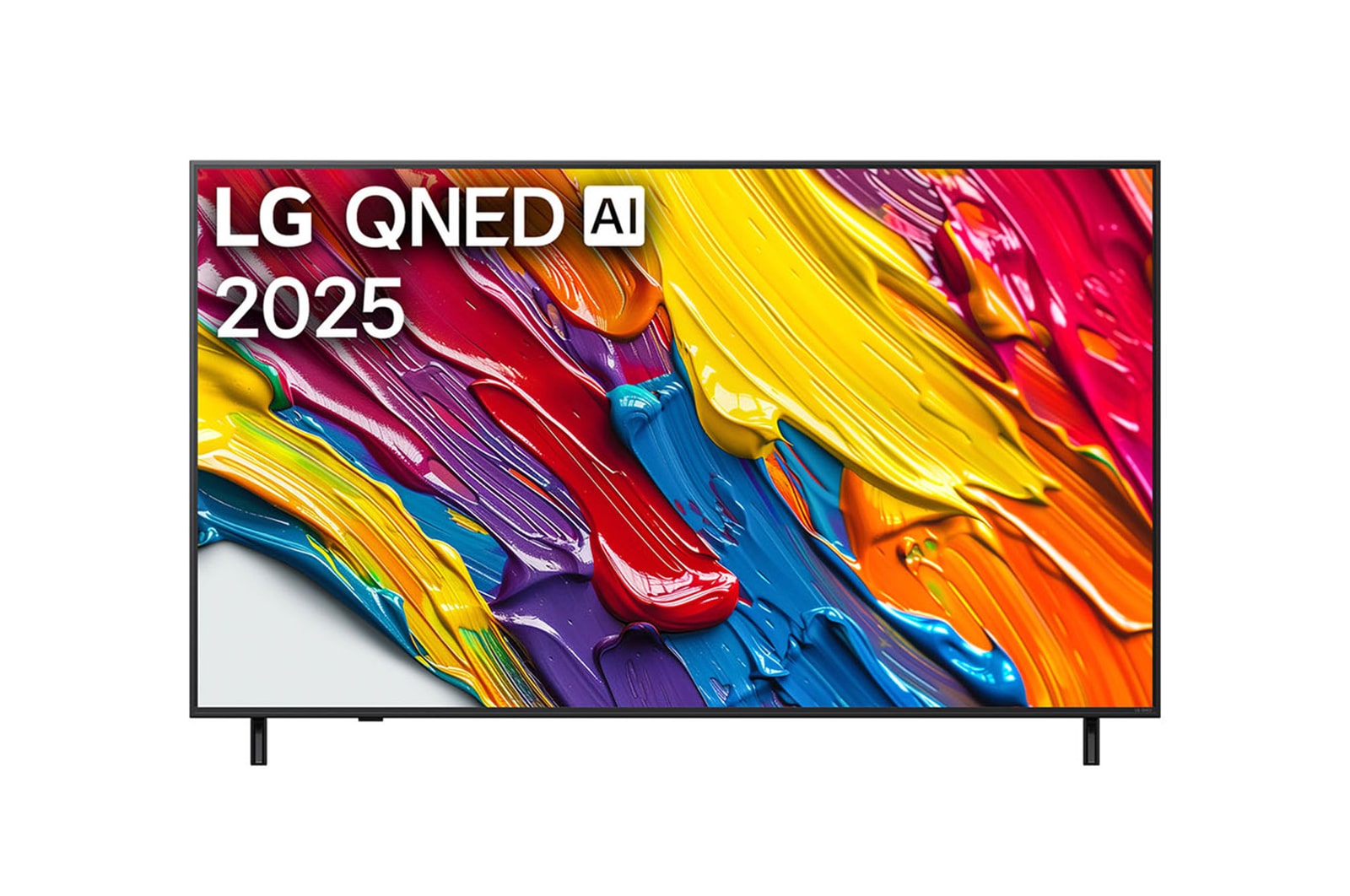 Frontansicht des LG QNED82 TV, LG QNED Al Logo in der oberen Ecke. LG QNED TV zeigt farbenfrohe, malerische Texturen, die zusammenkommen.