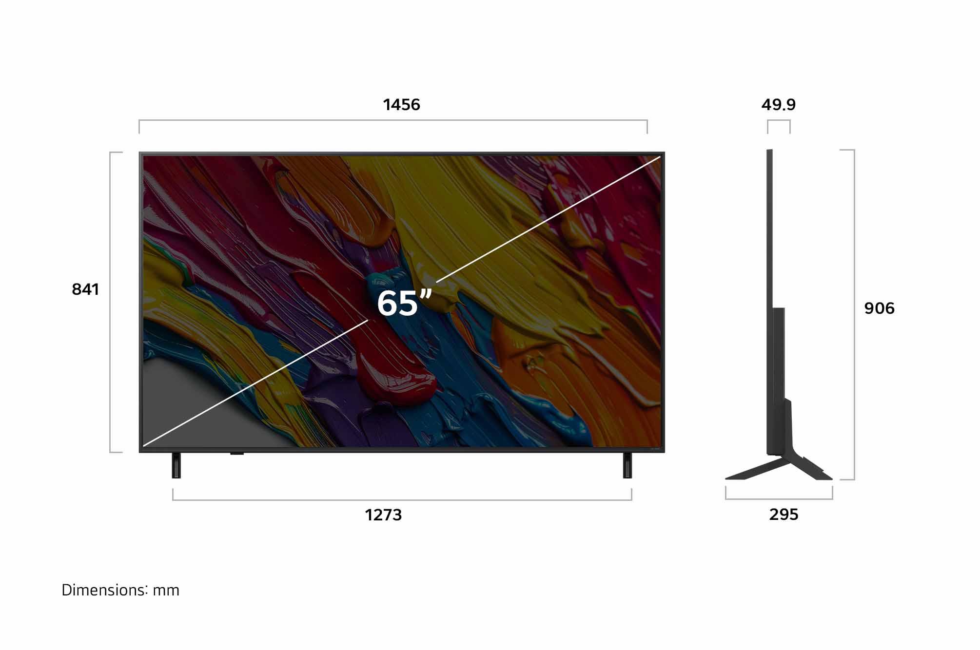 Frontansicht und Seitenansicht des LG QNED82 AI 4K Smart TV mit den Abmessungen Länge, Breite, Höhe und Tiefe.