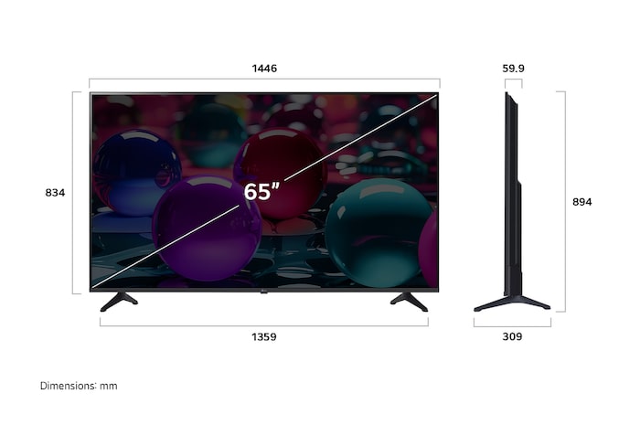 Frontansicht und Seitenansicht des LG UHD AI UA73 4K Smart TV mit den Abmessungen Länge, Breite, Höhe und Tiefe.