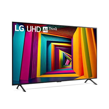 Rechte schräge Frontansicht des LG UHD AI ThinQ 4K UT91 Smart TV mit schmalem Rahmen.