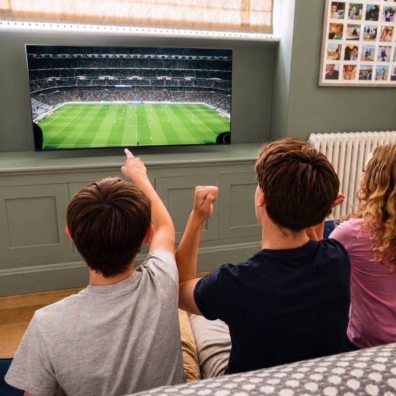 Drei Geschwister schauen gemeinsam ein Fußballspiel auf einem LG OLED TV.