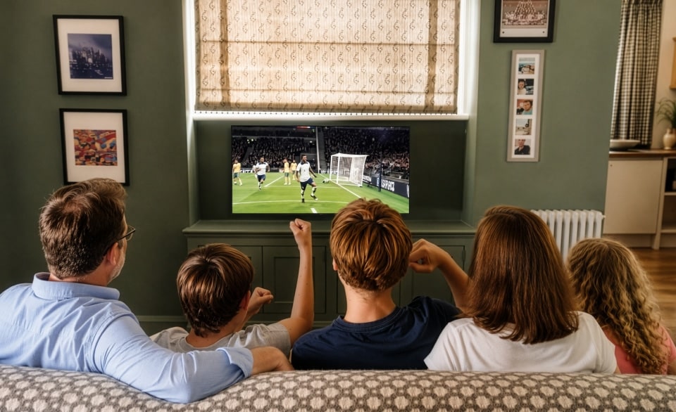 Rückansicht einer Familie, die gemeinsam im Wohnzimmer sitzt und ein Fußballspiel auf einem gebogenen TV ansieht.