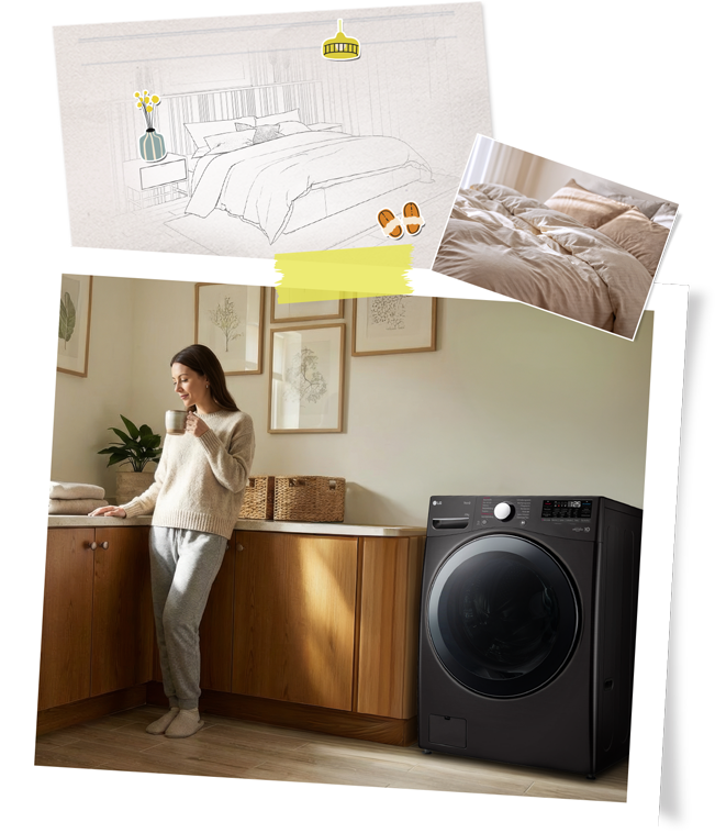 Eine Frau, die Bettwäsche mit einem LG Waschmaschine auffrischt, als Teil einer entspannten Wochenendroutine.