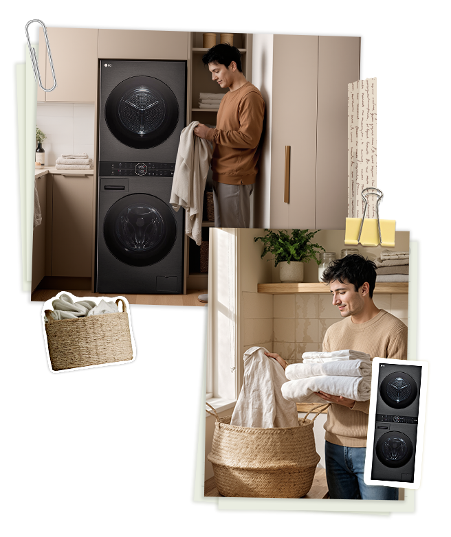 Eine Collage eines Mannes, der vor einer WashTower in einem kleinen Waschraum steht und frisch gewaschene Wäsche riecht.	