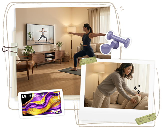 Ein Collage-artiges Bild, das eine Frau zeigt, die auf einer Yogamatte trainiert, einen Fernseher, der ein Trainingsvideo zeigt, und Aufkleber mit Fitnessgeräten.	