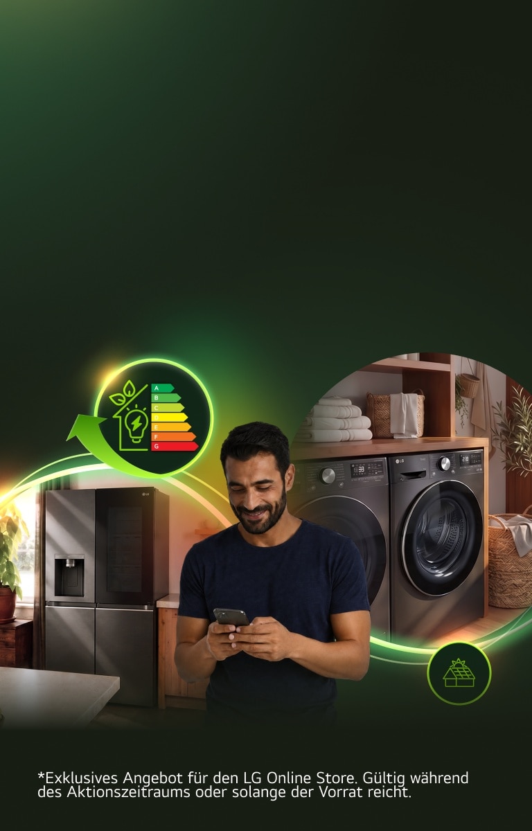 Mann mit Smartphone vor LG Haushaltsgeräten und Grafiken zur Energieeffizienz.