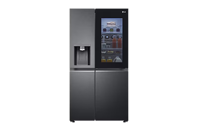 Schwarzer Smart-Kühlschrank mit Touchscreen-Display.