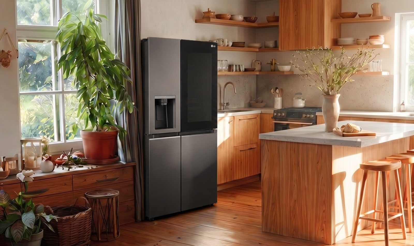 Ein eleganter schwarzer LG-Kühlschrank, eingebaut in eine moderne, warme Küche mit Holzschränken und natürlichem Sonnenlicht.
