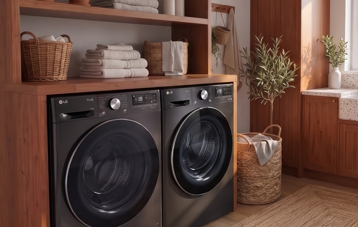Eine weiße LG Frontlader-Waschmaschine und ein passender LG-Trockner, nebeneinander installiert in einem Holz-Hauswirtschaftsraum.