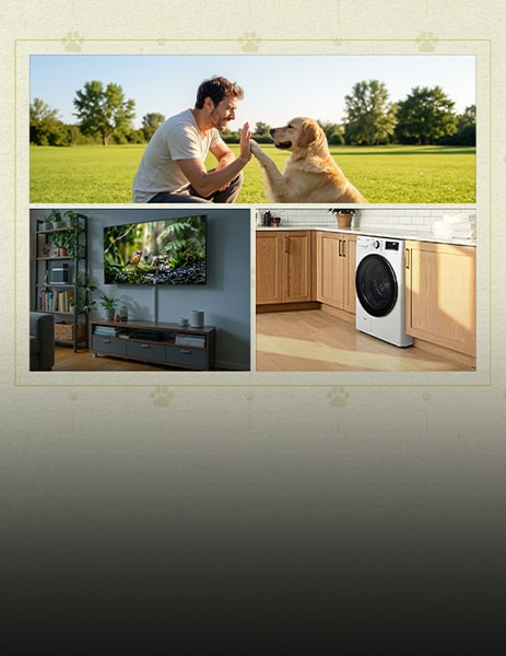Ein Mann verbringt Zeit mit seinem Hund, umgeben von gemütlichen Heimszenen mit einem LG TV und einer eingebauten Waschmaschine in einem warmen Wohnraum.