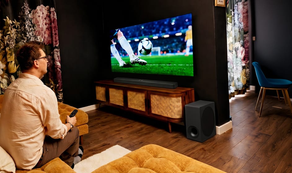 Ein Mann sitzt in einem hellen Wohnzimmer auf einem Sofa und hält eine Fernbedienung, während er ein Fußballspiel auf einem an der Wand montierten Fernseher anschaut.