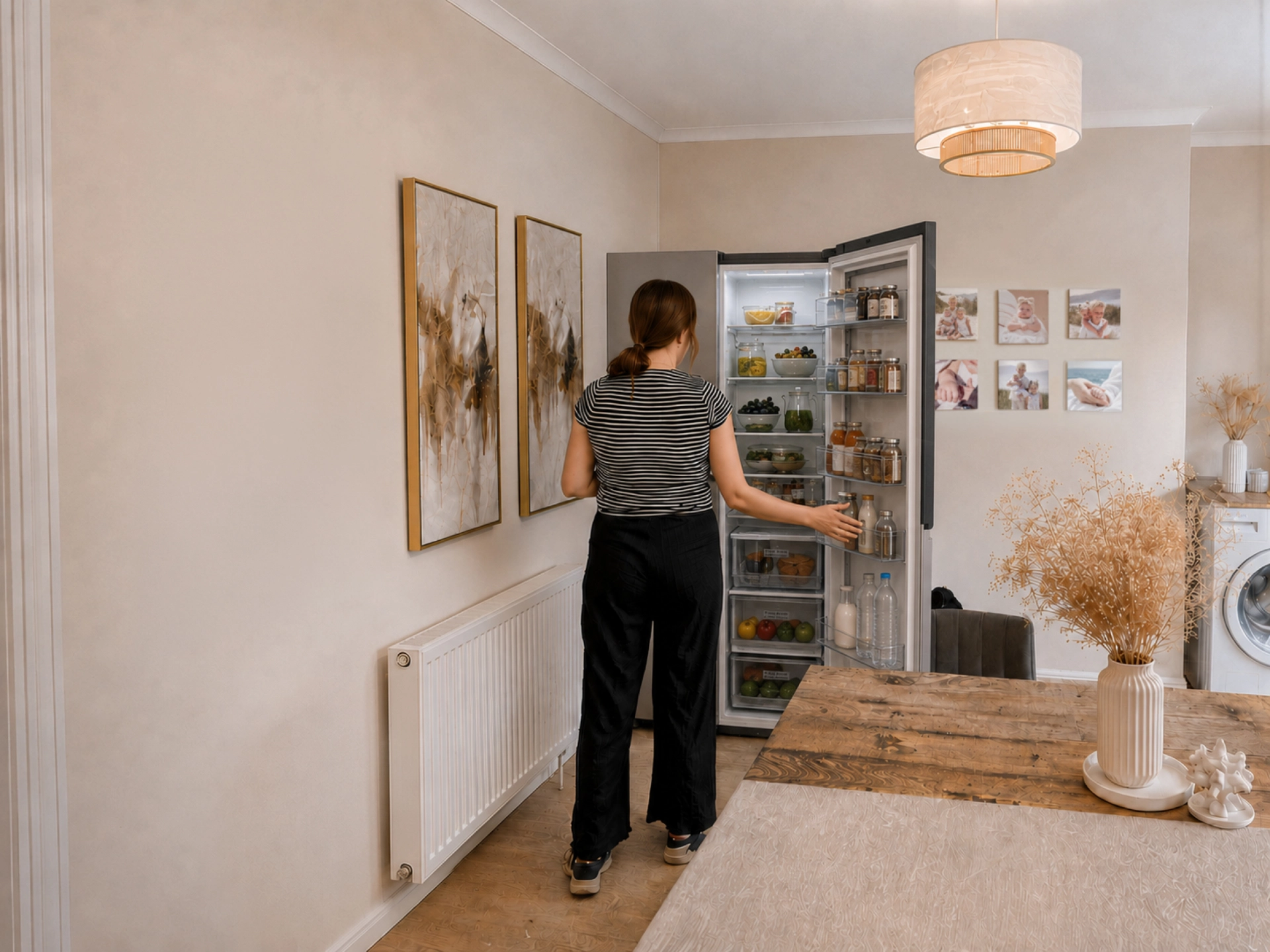 Eine Mutter öffnet einen großen Kühlschrank in einem hellen Ess- und Küchenbereich mit frischen Lebensmitteln und Einkäufen im Inneren.