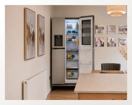 Ein offener LG-Kühlschrank in einer weiten Aufnahme in einem modernen Esszimmer.