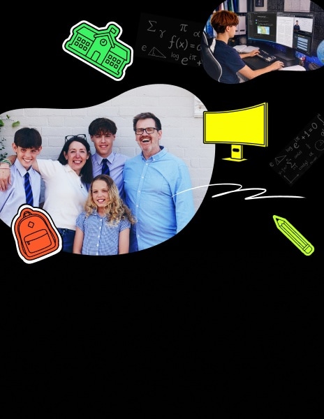 Foto einer glücklichen Familie mit Kindern in Schuluniformen und einem Schüler, der an einem Monitor lernt.