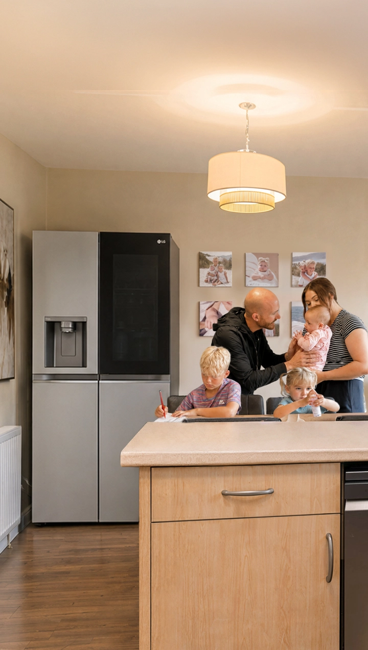 Eine Familie mit drei Kindern versammelt sich in einer warmen, modernen Küche, wobei sich die Eltern um die Kinder an einer großen Kücheninsel kümmern. Ein Kühlschrank, eine Spülmaschine, ein Ofen und Küchenschränke sind im Hintergrund sichtbar.