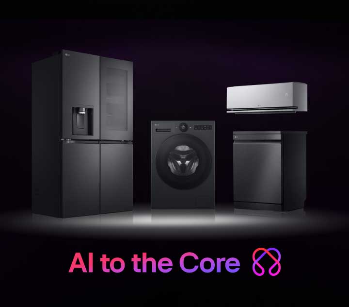 Der Kühlschrank, die Waschmaschine, die Klimaanlage und der Geschirrspüler von LG in der Mitte werden dezent beleuchtet. Unten wird der Text „AI to the Core“ mit dem Symbol „2d LG AI“ angezeigt.